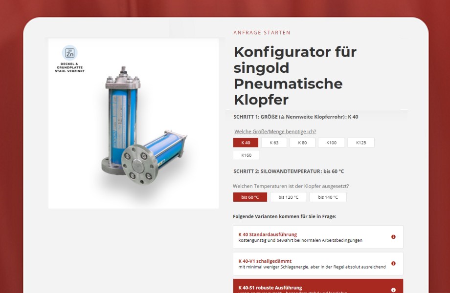 singold gerätetechnik stellt innovativen Online-Konfigurator vor Finden Sie einfach, schnell und effizient den richtigen Klopfer. Das Online-Tool führt den Kunden Schritt für Schritt durch alle relevanten Abfrageparameter.