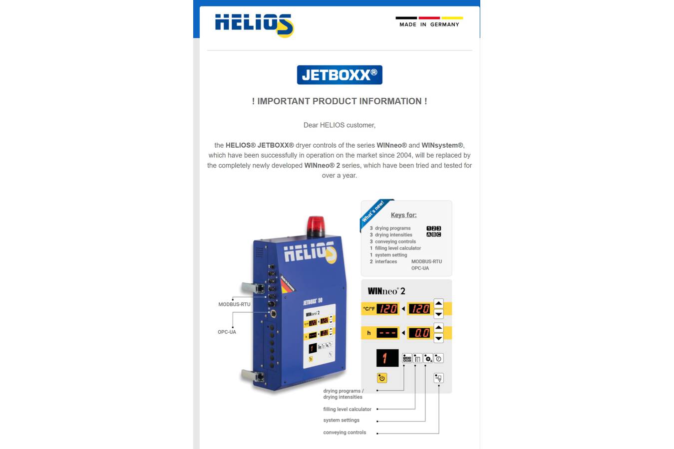 HELIOS Jetboxx  wichtige produktinformation  HELIOS JETBOXX Trocknersteuerungen der Baureihen WINneo und WINsystem werden abgelöst durch die neue WINneo2