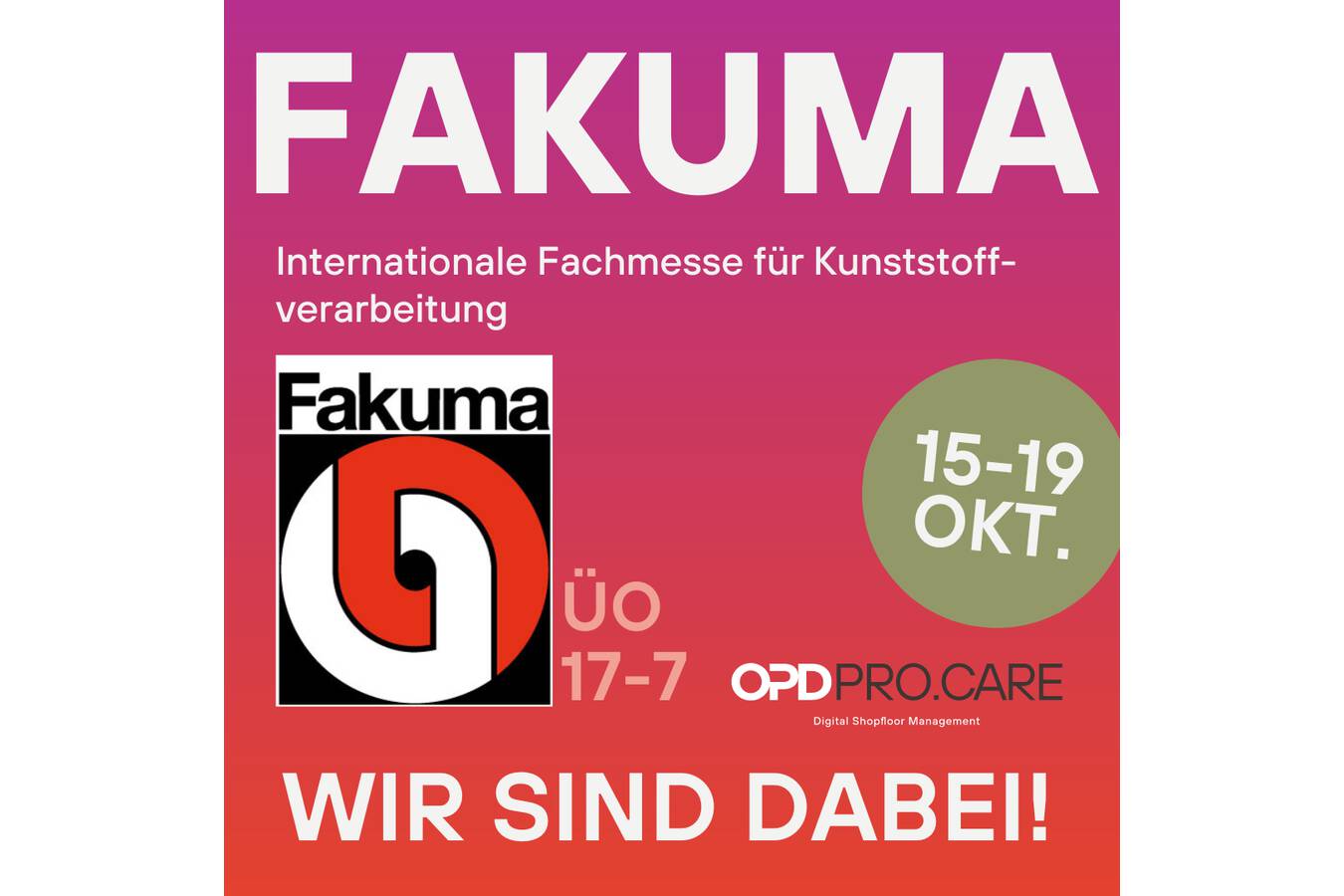 Opdenhoff meets FAKUMA 2024 Besuchen Sie uns auf der FAKUMA in Friedrichshafen. Vom 15.10. bis 19.10.2024 präsentieren wir, unsere neuesten Lösungen in Halle ÜO, Stand 17-7. 