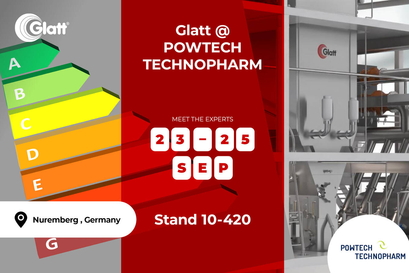 Energetisch effizient zum optimalen Partikel  Powtech 2025. Glatt am Stand 10-420. Energieoptimierte Partikelherstellung, Lohnfertigung und flexible Engineering-Konzepte für Pharma + Biotech.