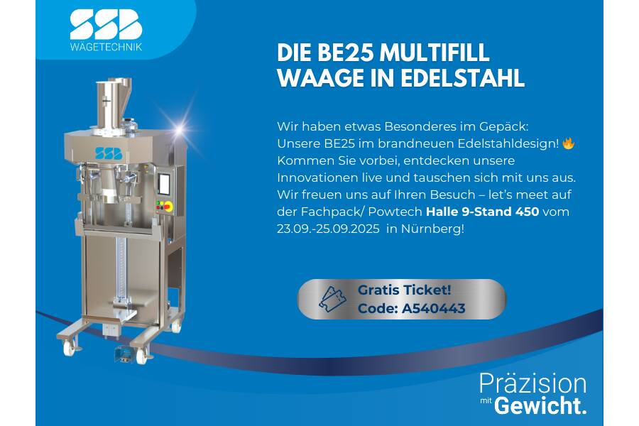 SSB Wägetechnik zeigt Innovation in Edelstahl auf der PowTech SSB Wägetechnik präsentiert auf der diesjährigen PowTechseine neueste Entwicklung: die Multifill Bruttowaage BE in Edelstahl.