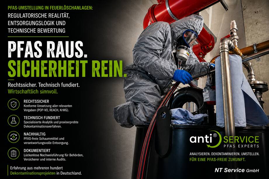 System ANTI: NT Service setzt neuen Maßstab bei PFAS/PFC-Sanierung Mit dem patentierten System ANTI® bietet die NT Service GmbH eine spezialisierte Lösung zur Entfernung von PFAS, PFC und AFFF aus industriellen Löschanlagen.
