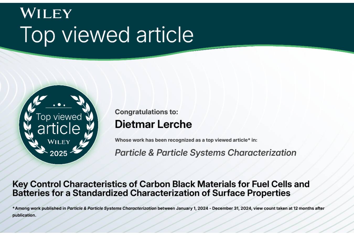 Traf mit eigenen Forschungsbeiträgen den Nerv der Batterieforschung  Co-Author Dietmar Lerche für TOP viewed Wiley Artikel 2025 ausgezeichnet